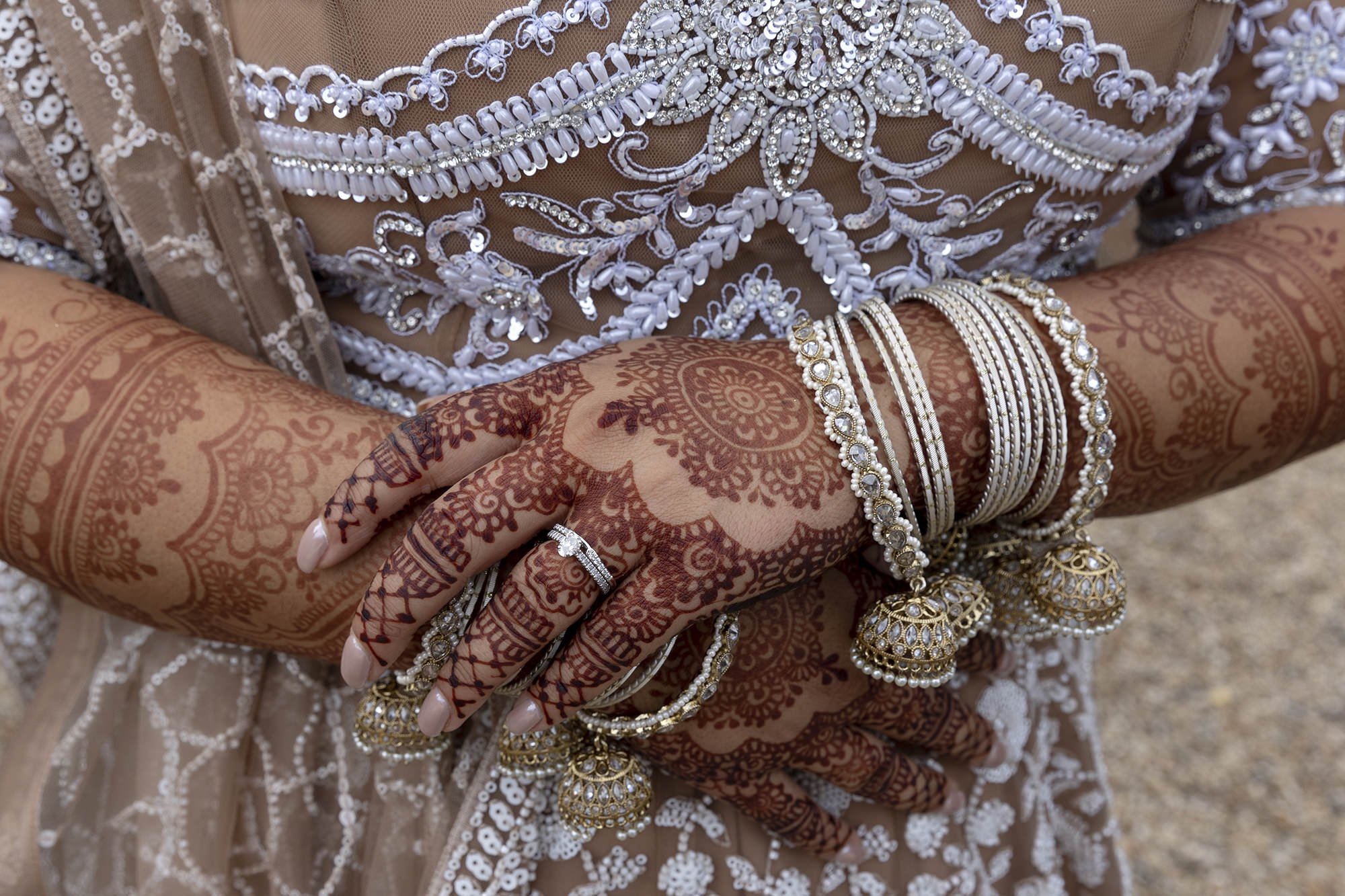 Close-up of a woman's hands and arms decorated with intricate henna designs, wearing multiple gold and silver bangles, rings, and earrings, with a detailed embroidered dress and jewelry in the background.