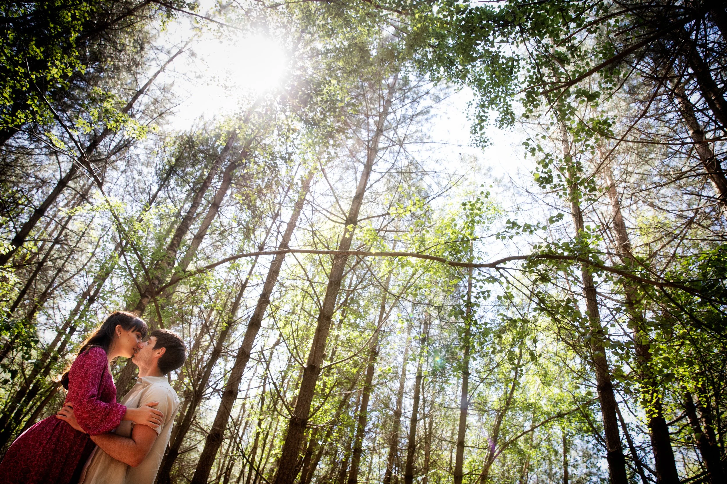 A couple standing close together in a forest, looking at each other affectionately, with sunlight shining through trees in the background.