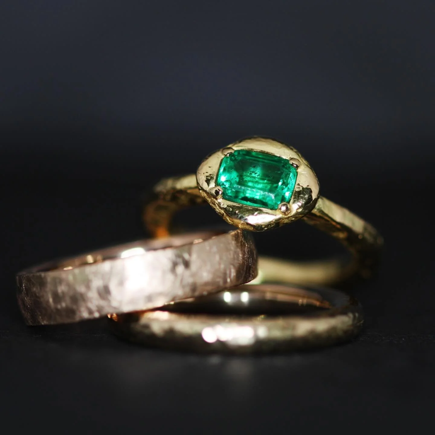 A trio of rings 💚
-
This chunky ring stack was made using gold that had been recently inherited-a mix of 9ct gold chains, a signet ring and some 18ct gold rings.  And of course, the beautiful emerald 💚 
It&rsquo;s always an honour to work on a comm