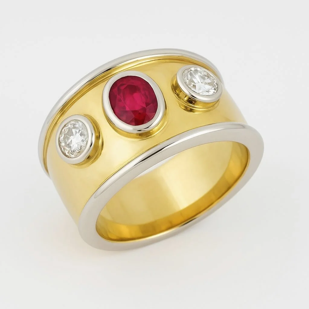 Finished a few months ago, this stunning 18ct gold Bomb&eacute; ring features the client&rsquo;s diamonds and a beautiful pigeon&rsquo;s blood red ruby 🩸

It may sound a bit macabre, but this term describes the most coveted shade of ruby - a highly 