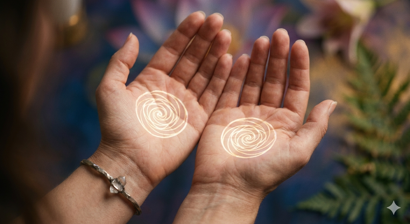 a spiral on the palms of a persons hands.