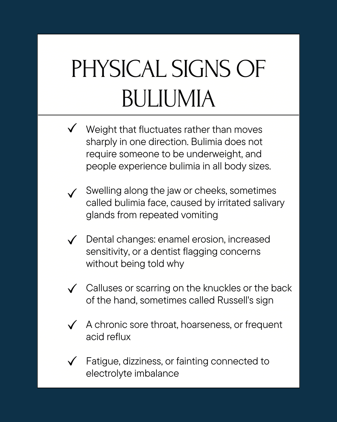 Infographic listing physical signs of bulimia, including bulimia face, dental erosion, and fluctuating weight