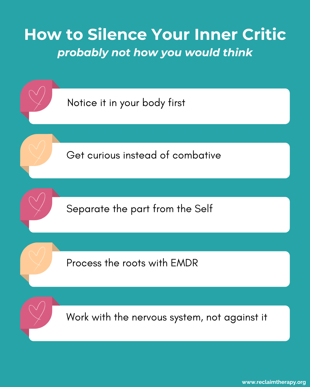 infographic showing trauma-informed steps to quiet the inner critic using IFS parts work and EMDR therapy