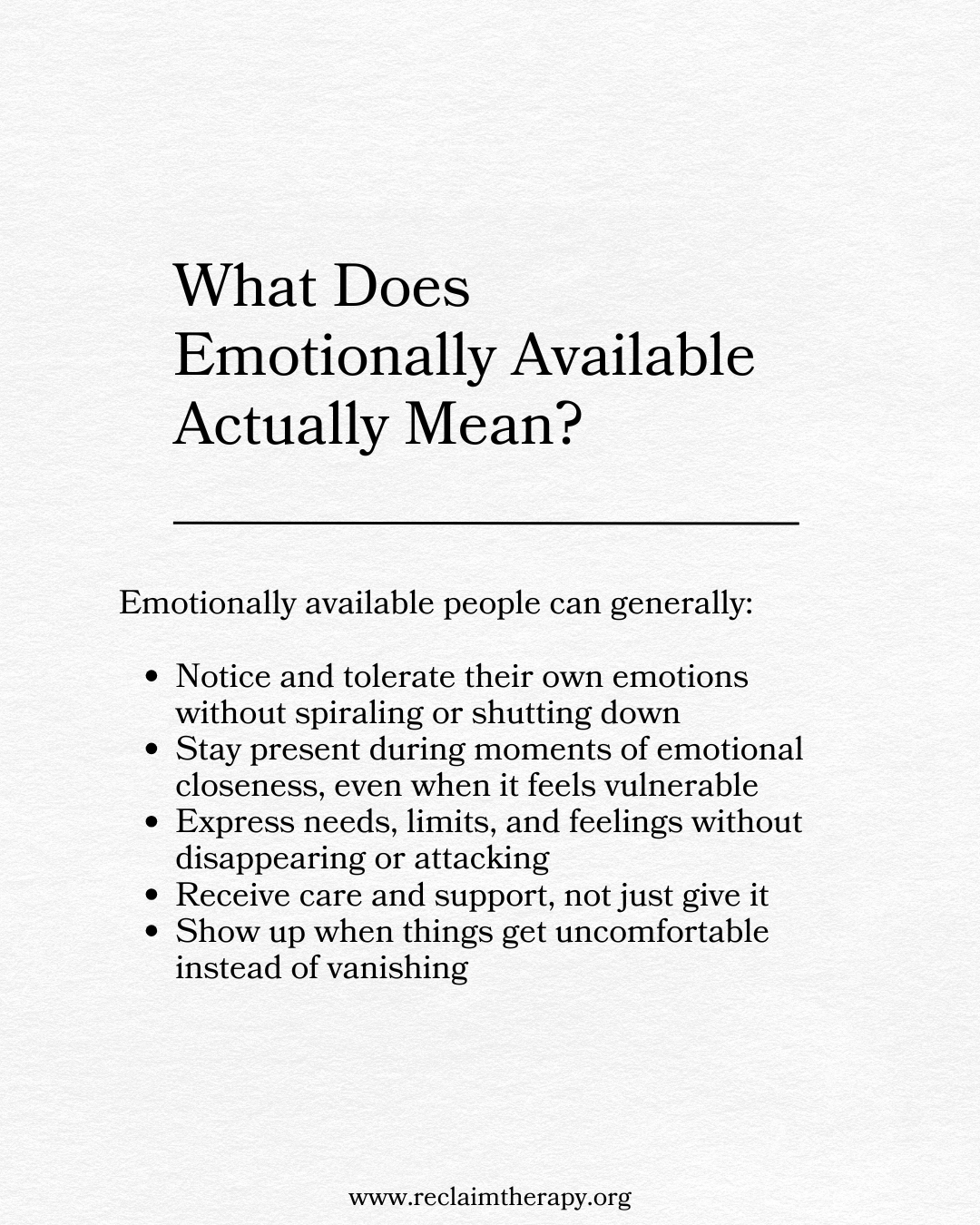 Definition of emotional availability: the capacity to notice and tolerate emotions, stay present during closeness, express needs without shutting down, receive care, and show up during vulnerable moments