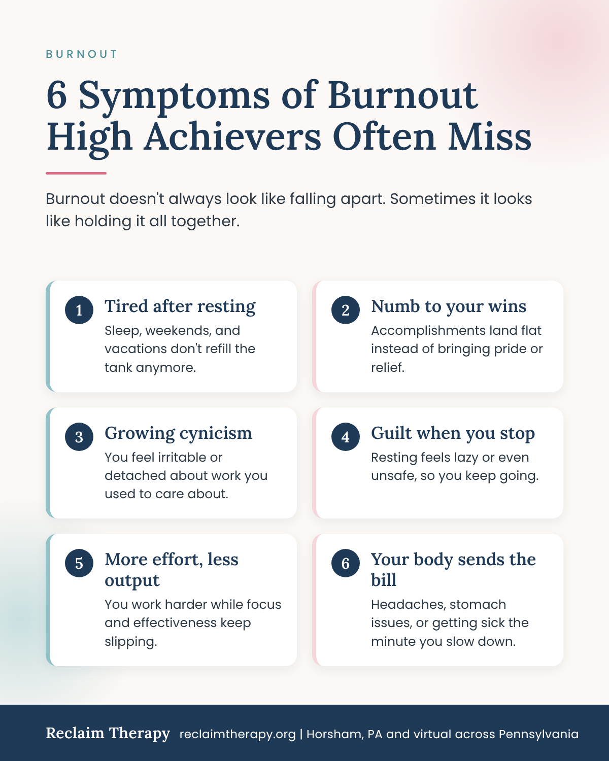 Infographic listing 6 symptoms of burnout high achievers miss, including tiredness after rest, numbness, and guilt when resting