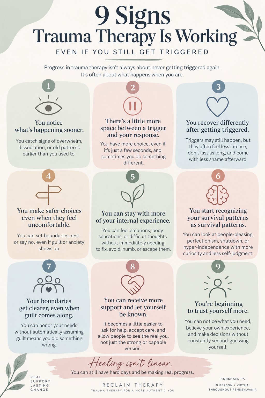 Infographic showing 9 signs trauma therapy is working, including noticing triggers sooner, recovering differently, setting boundaries, accepting support, and building self-trust.