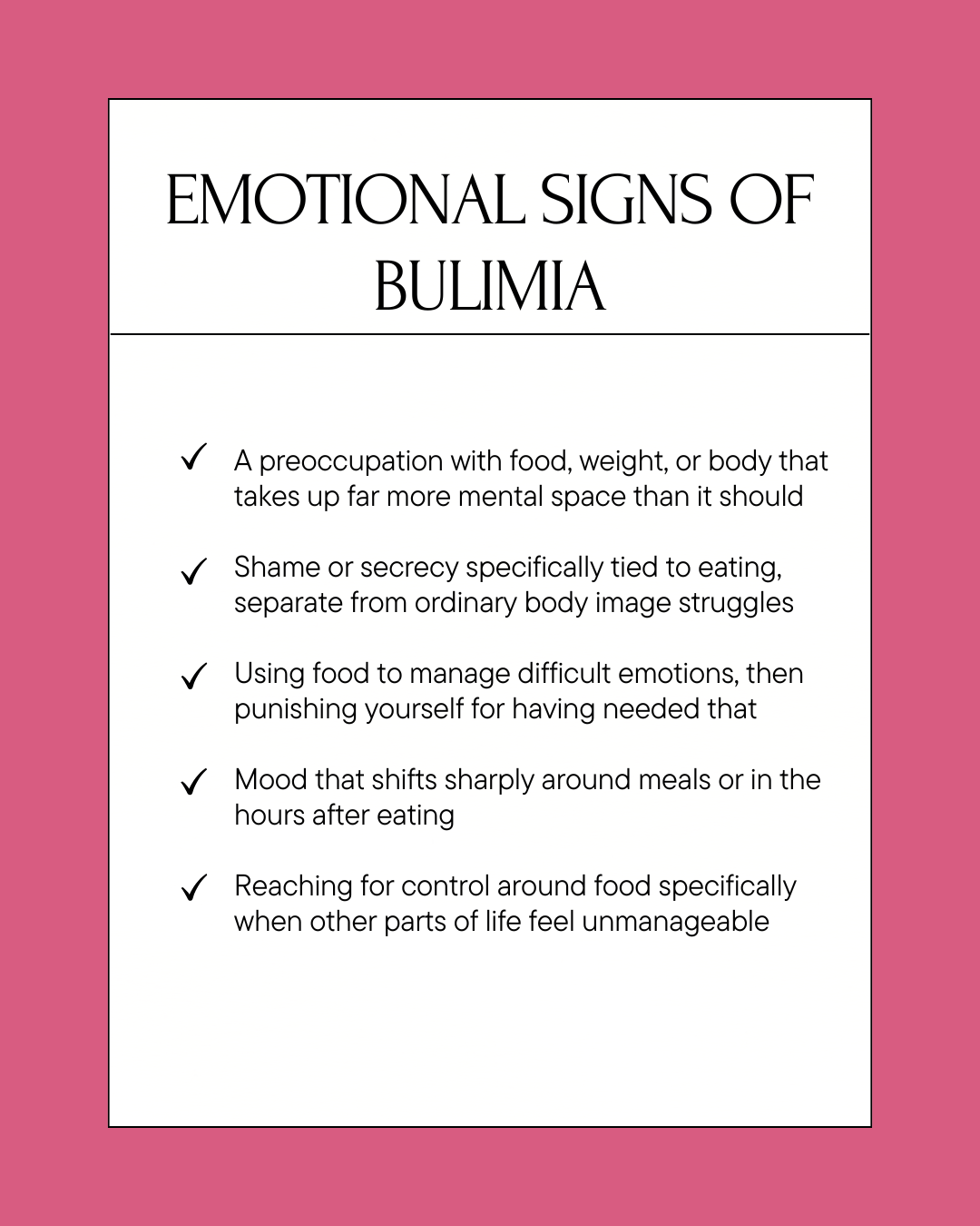 Infographic listing emotional signs of bulimia, including food preoccupation, shame around eating, and mood shifts tied to meals