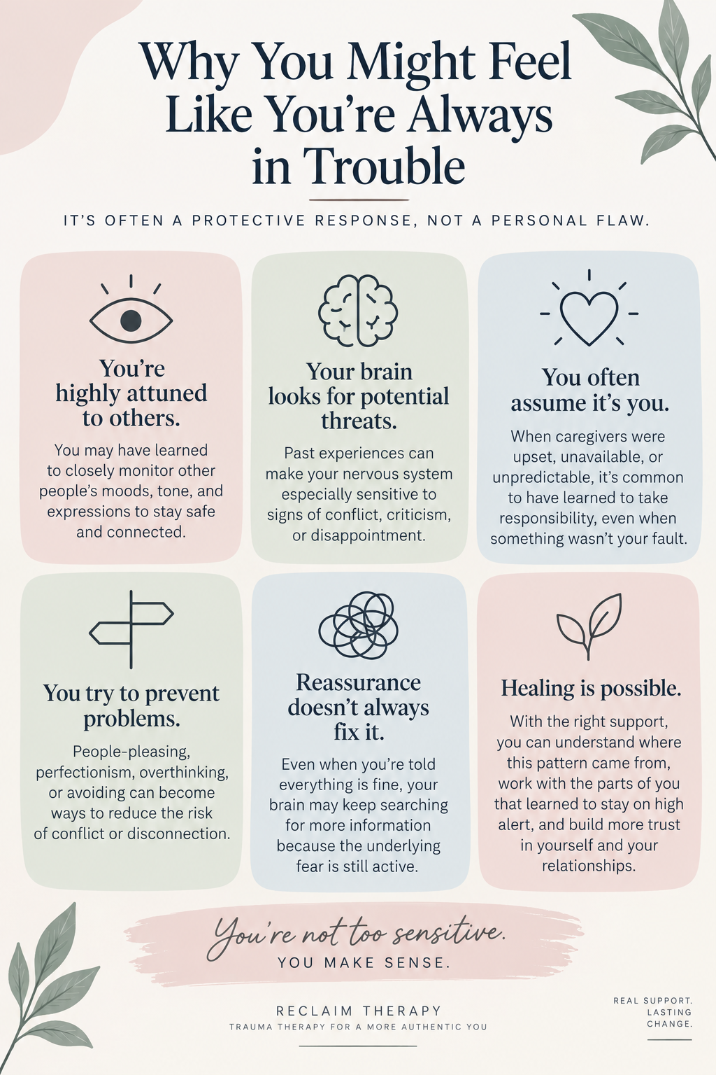 Infographic explaining why childhood trauma and emotional neglect can leave adults feeling like they’re always in trouble, including hypervigilance, self-blame, people-pleasing, and reassurance seeking.