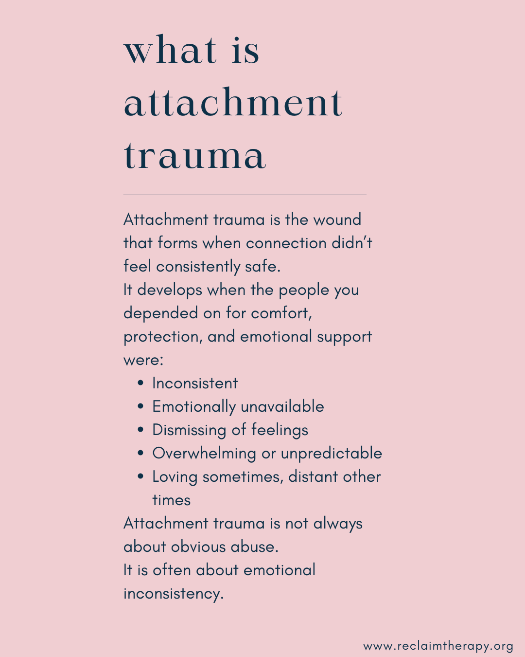 Infographic explaining attachment trauma as a wound formed when connection was inconsistent or emotionally unsafe, leading to fear of abandonment, people pleasing, and difficulty feeling secure in relationships.