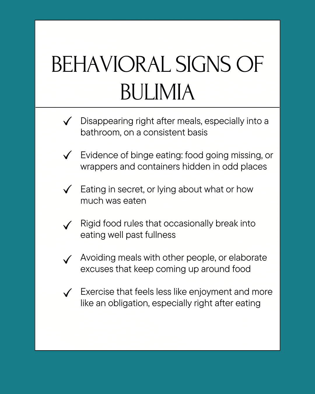Infographic listing behavioral signs of bulimia, including eating in secret, disappearing after meals, and compulsive exercise