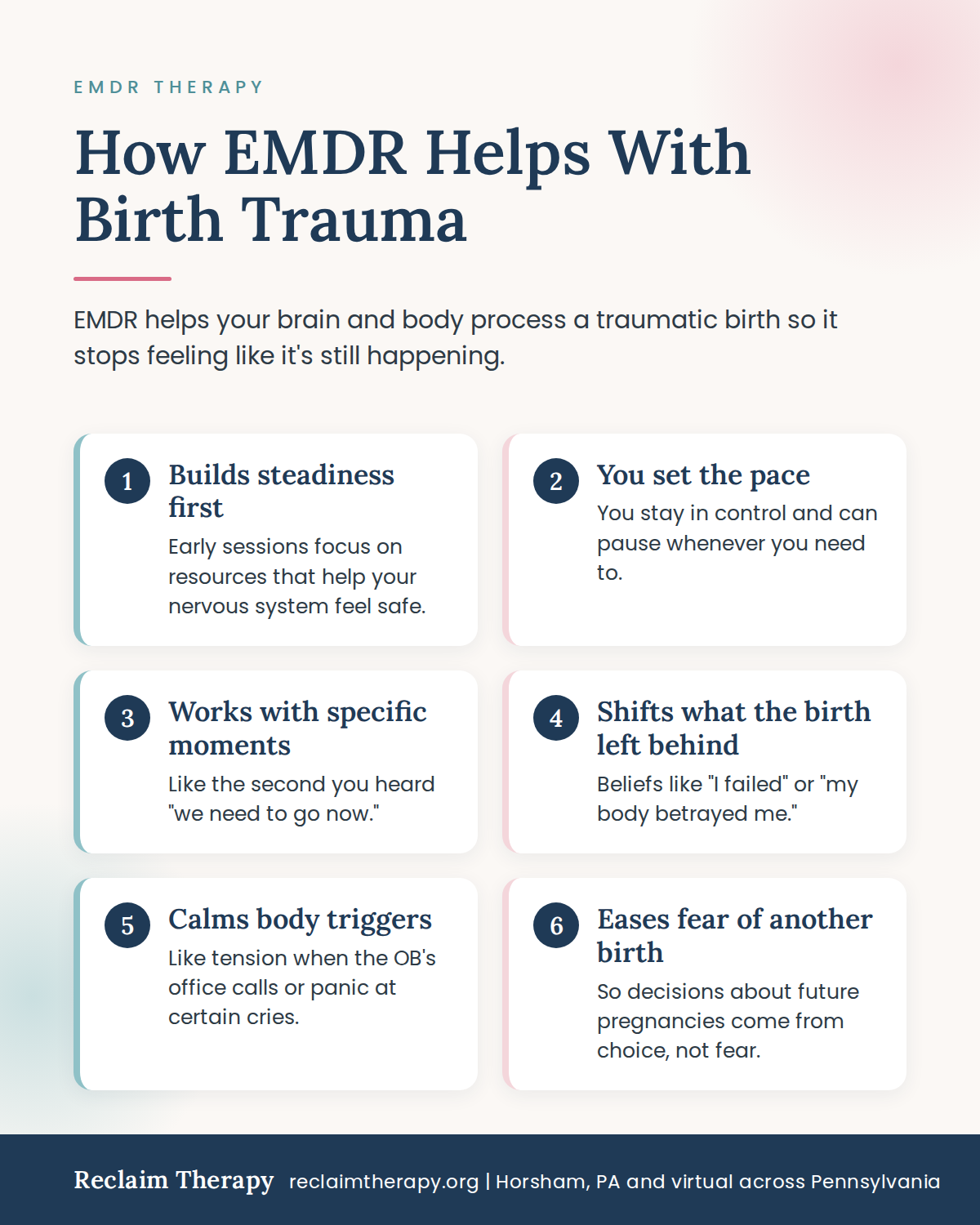 Infographic showing how EMDR helps with birth trauma, from building steadiness to easing fear of another birth