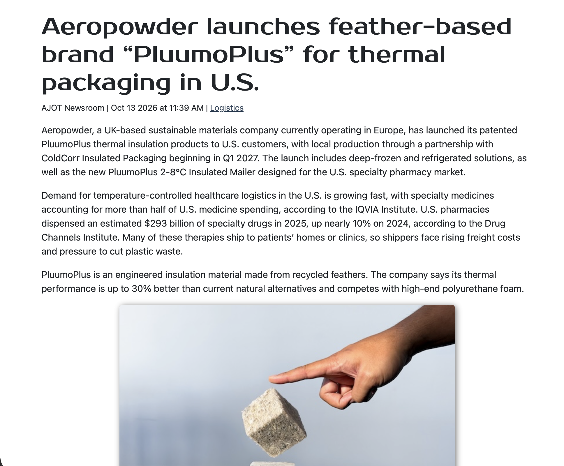 AJOT American Journal of Transportation on PluumoPlus thermal packaging launch into US