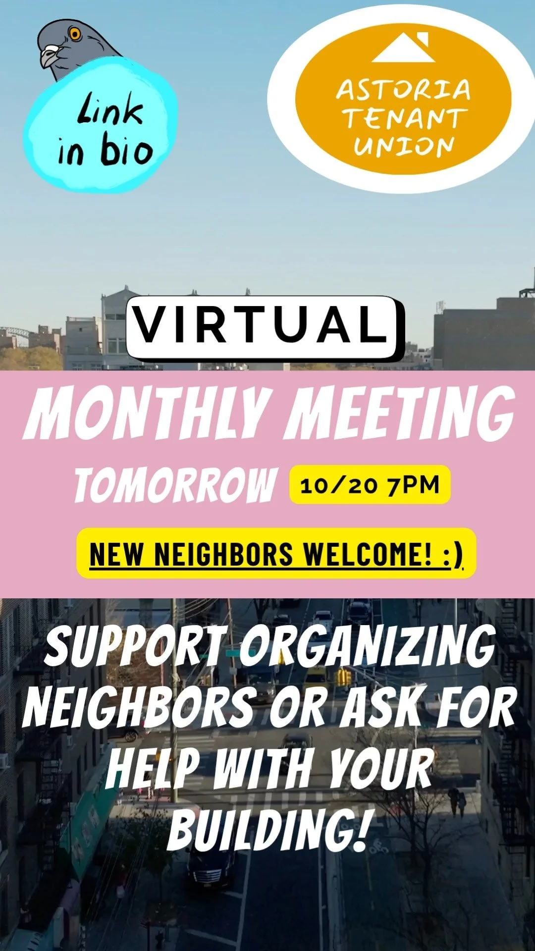 Happy spooky season #Astoria! let's spook some landlords. Monthly meeting tomorrow night at 7pm. If you need support as a tenant with housing trouble, be there! If you want to support your organizing neighbors... be there!! #ATU #linkinbio #trickortr