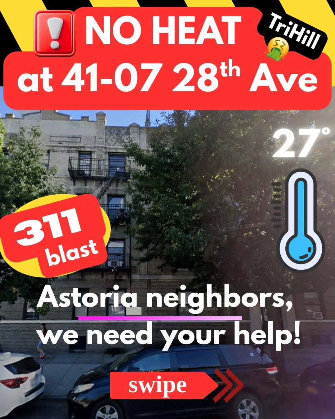 comment DONE in solidarity if you filed a 311 for our neighbors freezing in this apartment! TriHill always on their colonization bs pushing our neighbors into sickness and out of the neighborhood #NOHEAT #ATU #littleegypt #steinway 

All TriHill has 