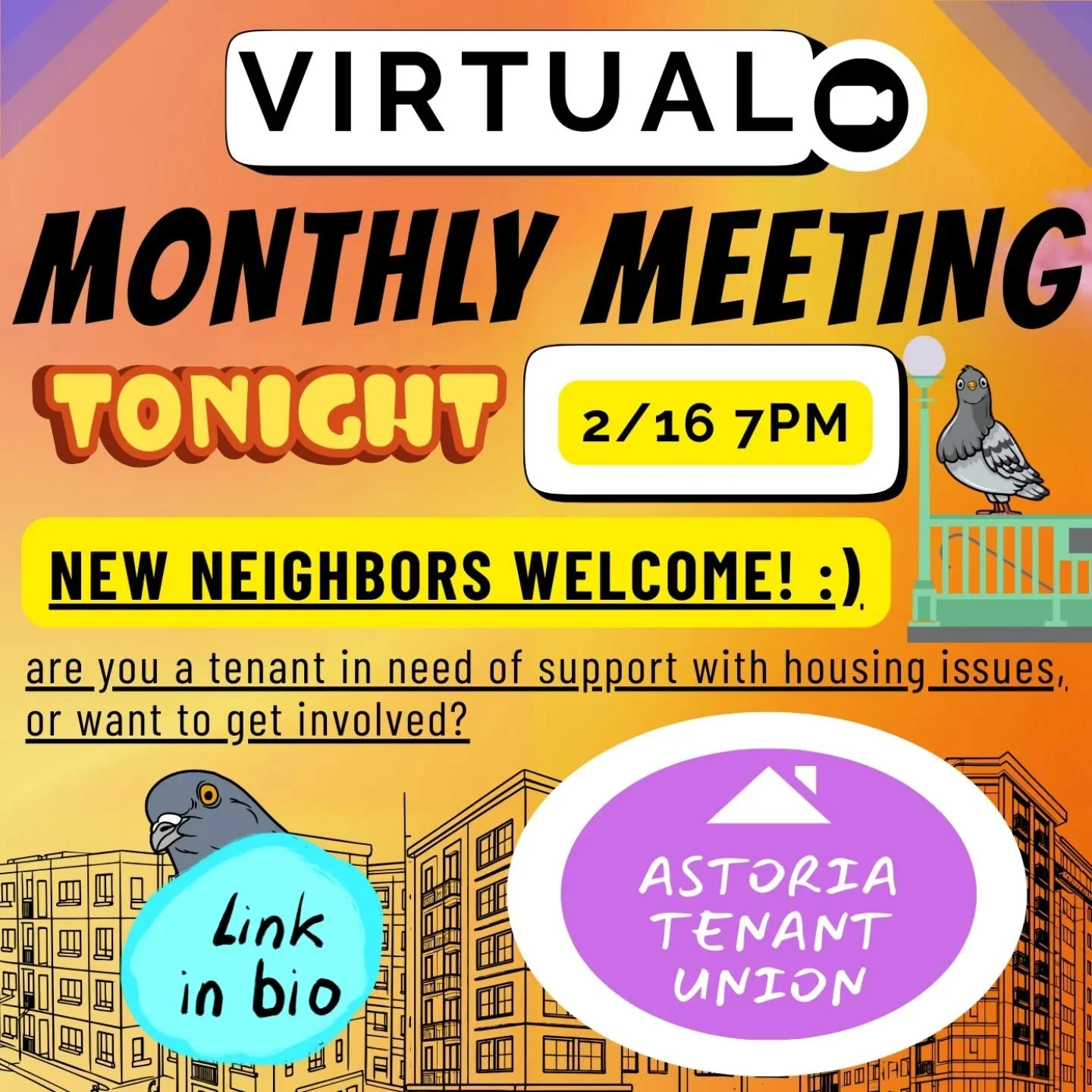 See you tonight ! If you're a tenant with housing issues or you're interested in getting involved, find tonights meeting link in our bio. #cancelrent #atu