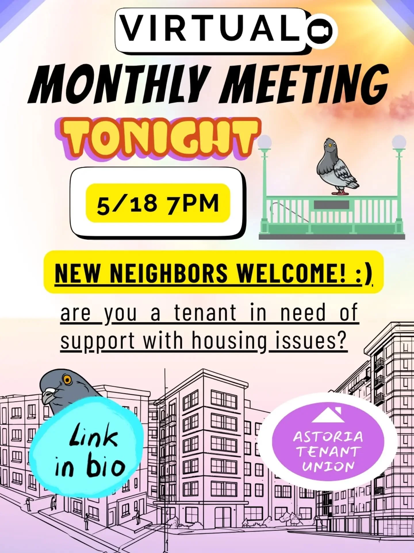 Happy Monday Astoria, what's up yall. If you're an Astoria tenant dealing with housing/landlord issues, come visit us tonight online and we'll make some plans to figure things out. Don't go it alone! We gotchu #time2organize #atu