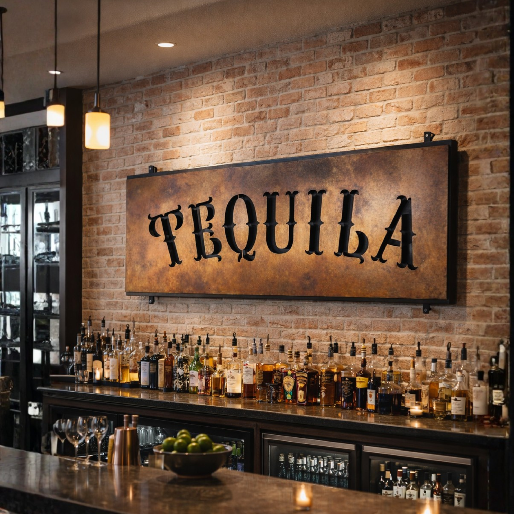 Custom patina metal sign reading “Tequila” mounted on a brick wall inside a luxury restaurant bar. Custom steel signage designed for restaurants, bars, and hospitality interiors.