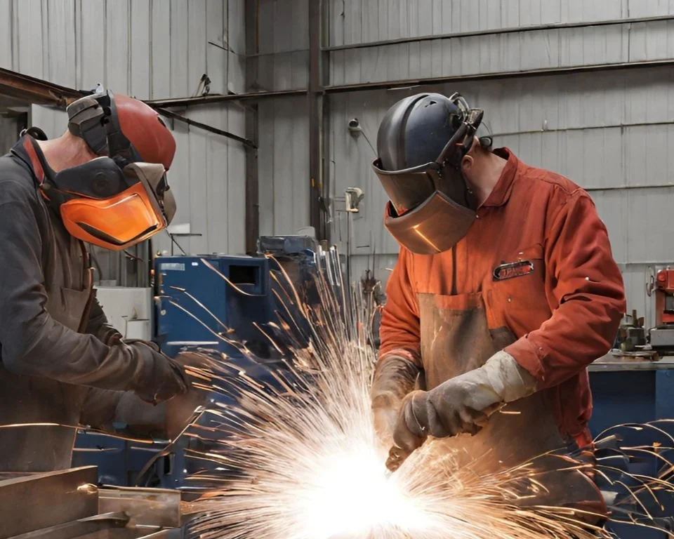 Two workers wearing safety helmets and gloves shop welding metal in an industrial workshop, with sparks flying from the welding process.
