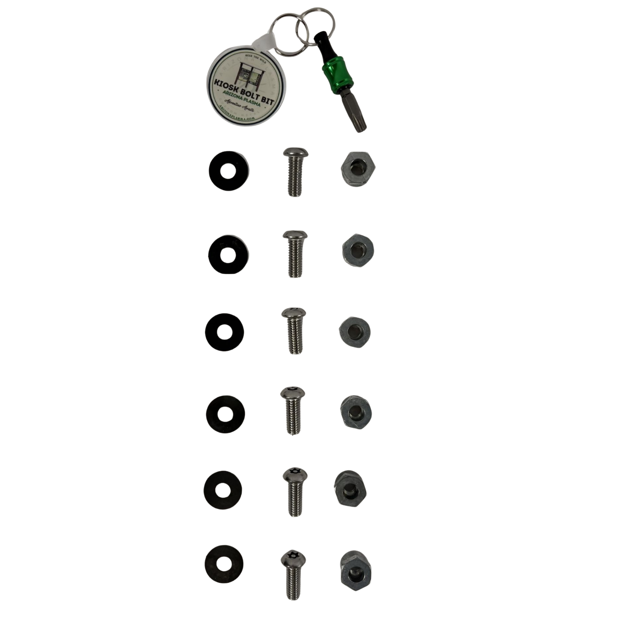 Close-up of a set of metallic screws, nuts, washers, and a keychain with a round tag labeled 'KIOSK BOLT BIT Arizona Plasma' on a white background.