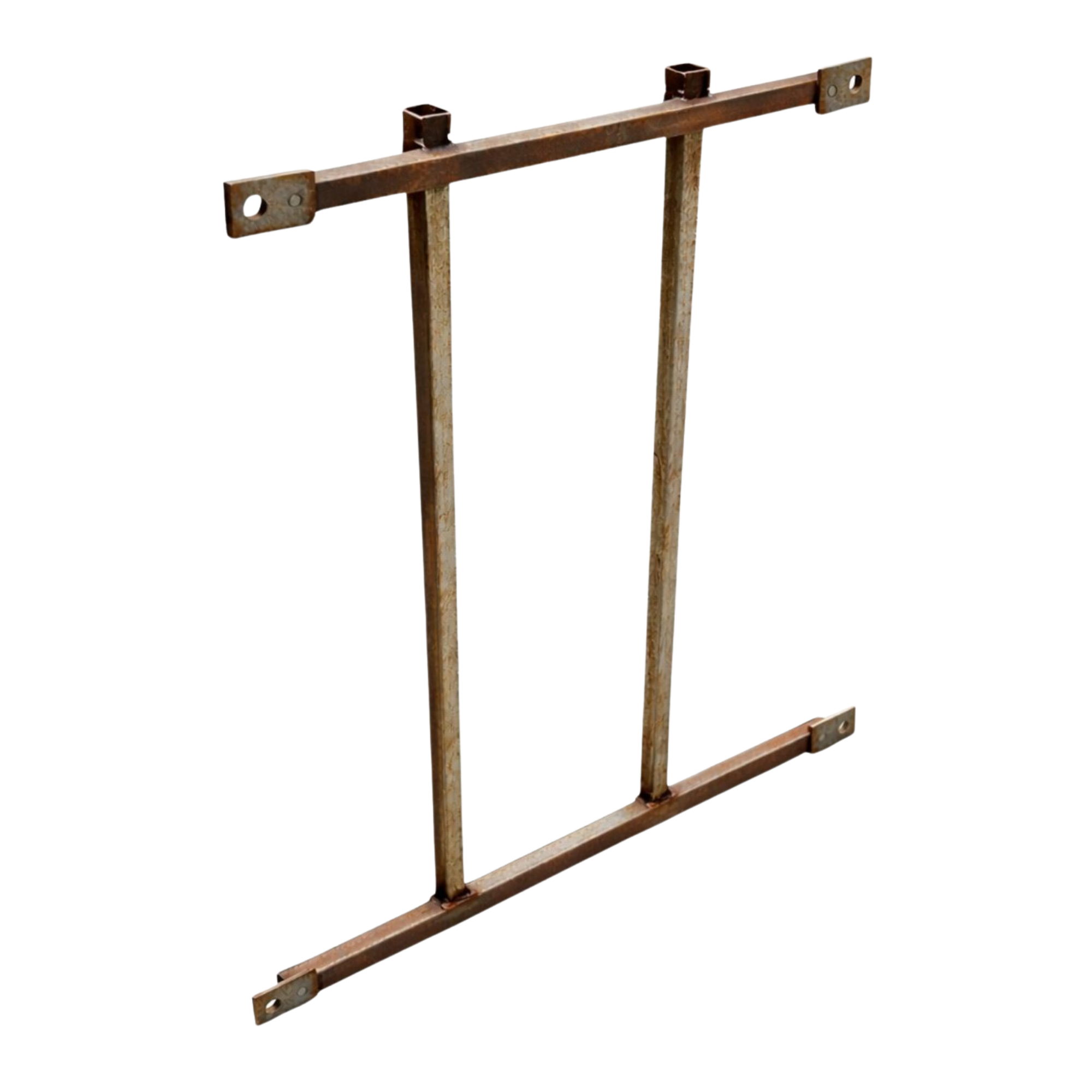 Rusty metal frame with two vertical supports, horizontal bars, and bolts, isolated on a black background.
