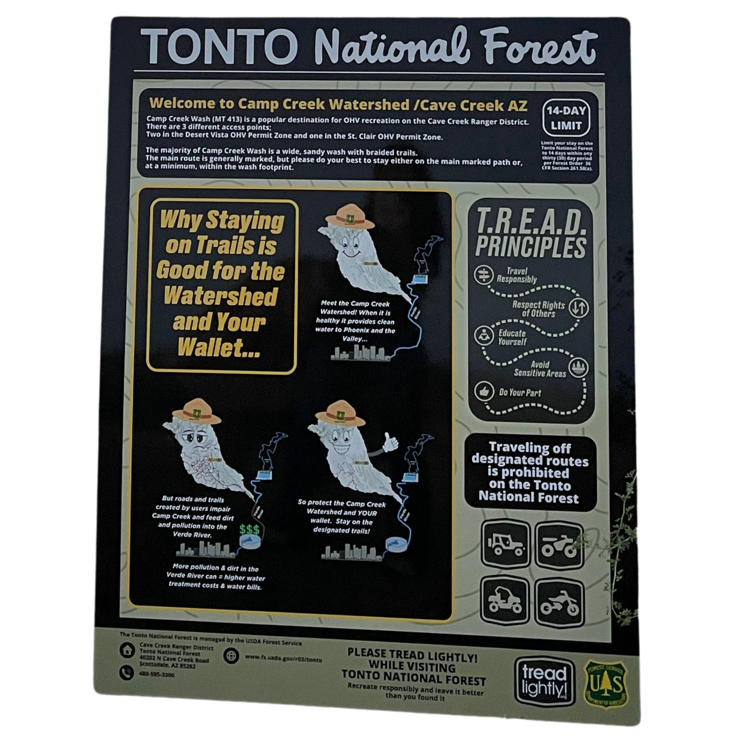 Informational sign about Tonto National Forest and Cave Creek Watershed in Arizona, with illustrations of the forest and water sources, and icons promoting responsible recreation and safety.