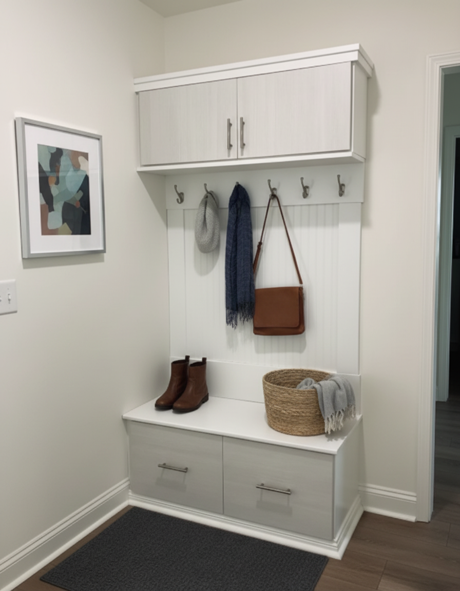 Entryway corner with white built-in bench and coat hooks, a pair of brown boots on the bench, a woven basket with a gray scarf, and a brown purse hanging, a gray hat and scarf hanging on hooks, a wall art piece on the left, and a dark doormat on the 