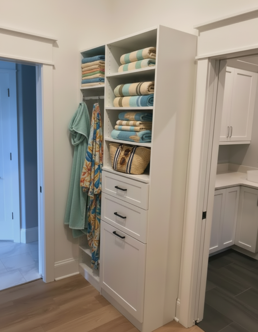 Bathroom with organized shelves holding folded towels in pastel colors, and hanging bathrobes.