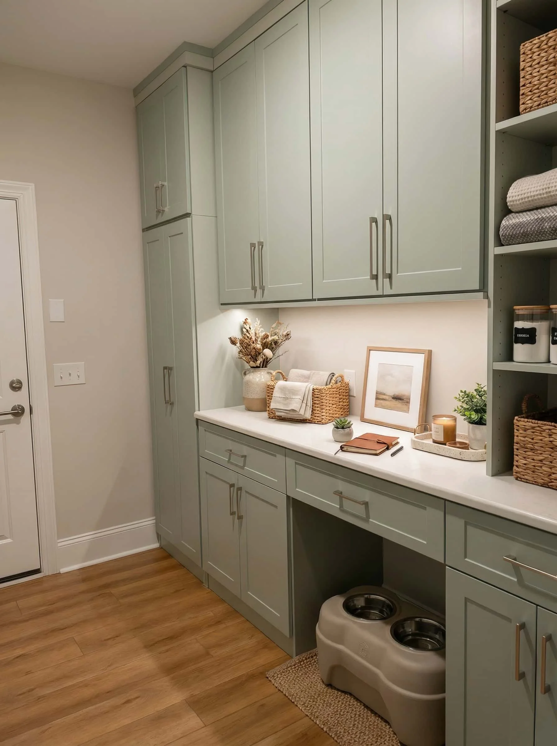 A laundry room with light green custom cabinets, a white countertop, and wooden flooring. Decorative items include a vase with dried flowers, framed artwork, and small potted plants.