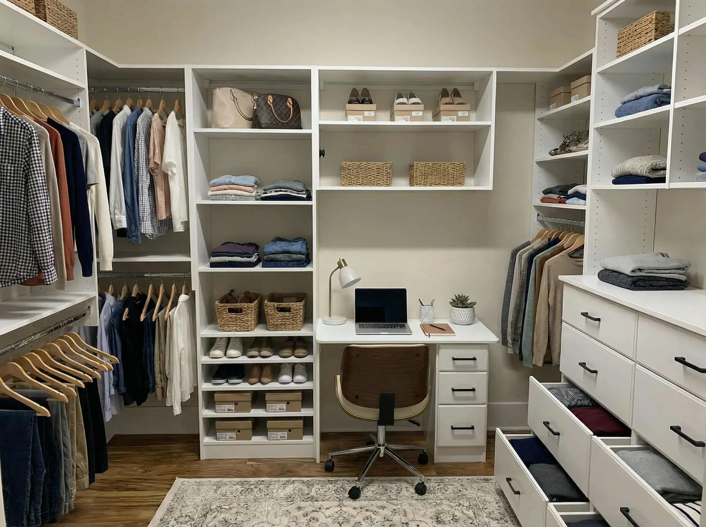 organized walk-in closet with clothing, shoes, and storage bins, with a small workspace including a desk, laptop, lamp, and a chair.