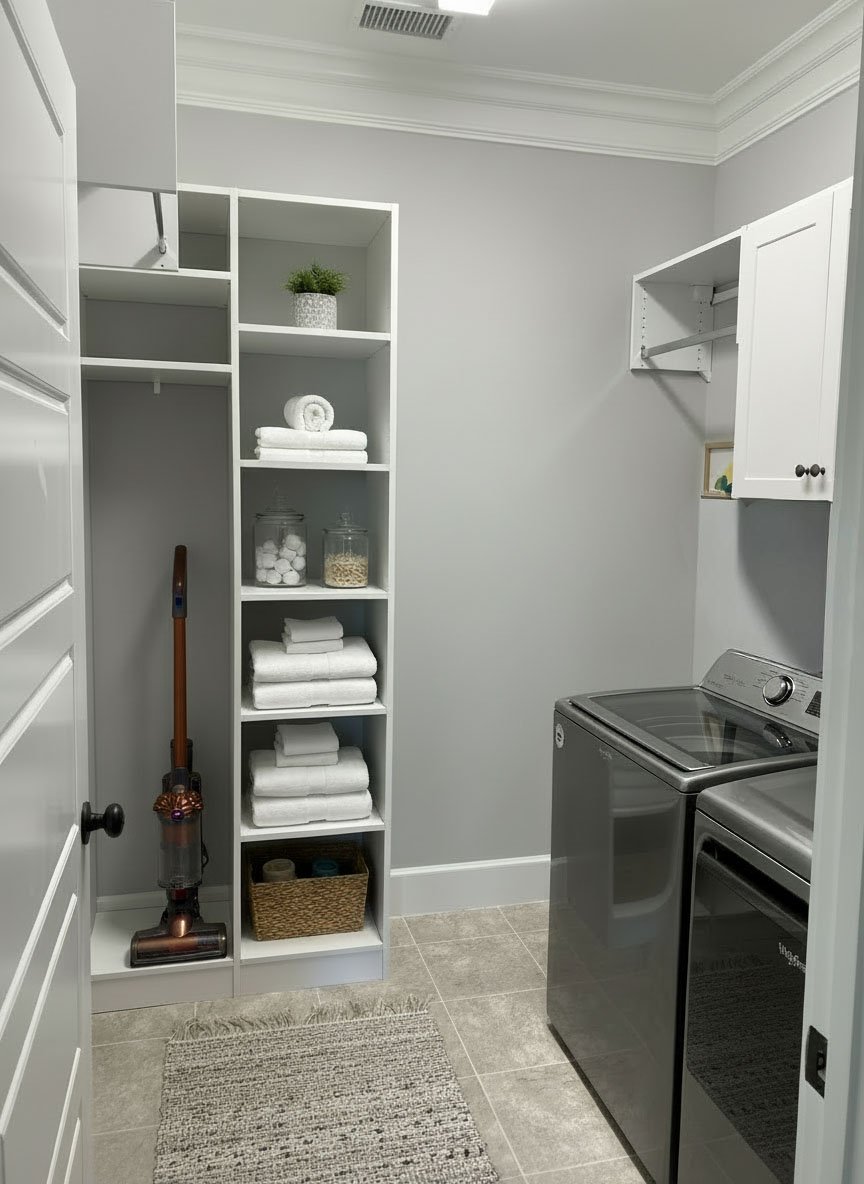 Laundry room with shelves of folded towels, jars of cotton balls and other supplies, a mop, a washing machine, a dryer, and a small cabinet.