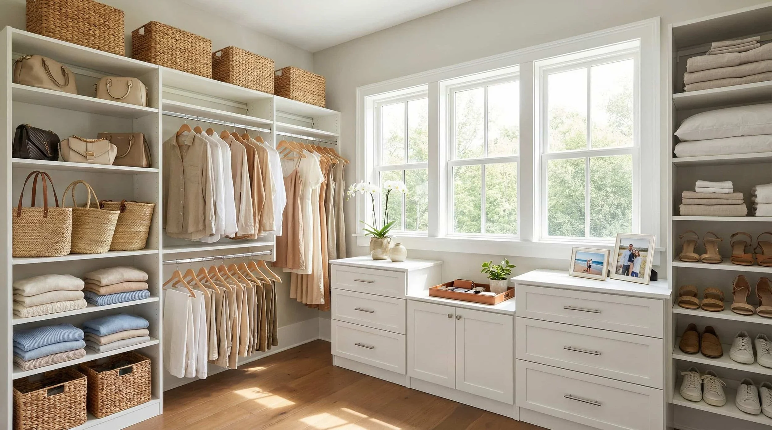 A neatly organized custom walk-in closet with white shelving, hanging clothes in neutral tones, folded linens, and shoes on the right shelf. Natural light streams through a large window.