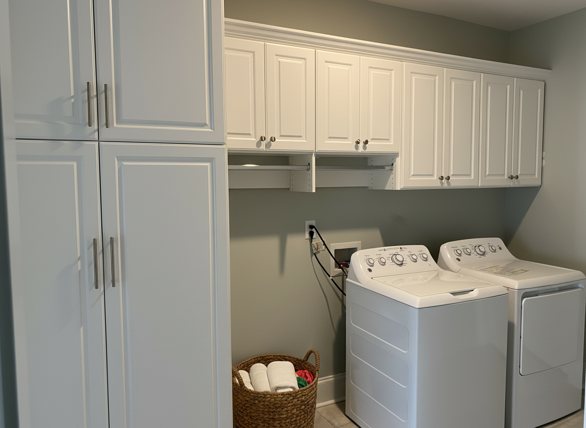Laundry room with white cabinets, a washer and dryer, a laundry basket full of towels, and an electrical outlet on the wall.