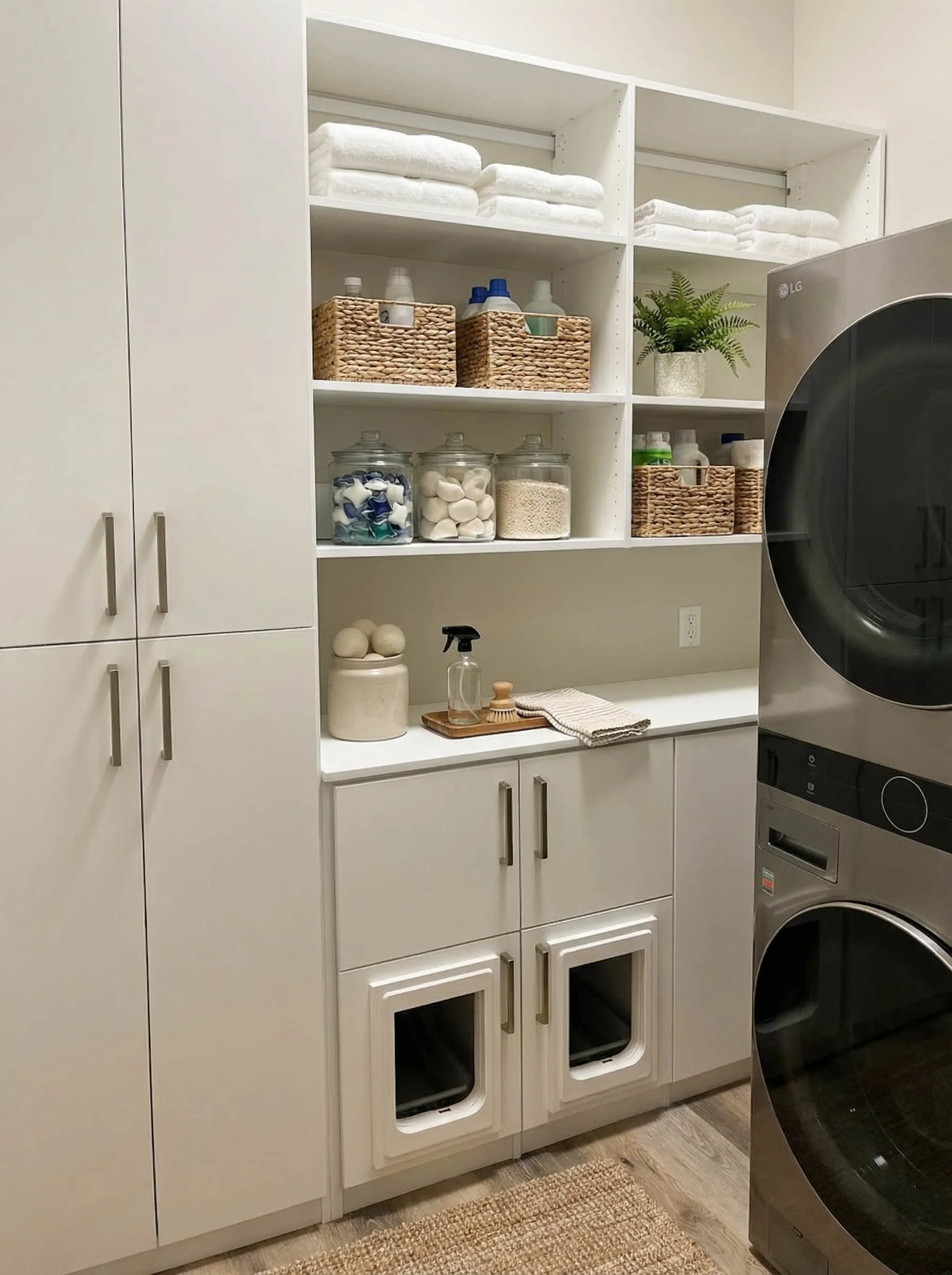 Custom laundry room storage with white cabinets, open shelves with folded towels, baskets, jars, a potted plant, a countertop with detergent and a towel, and stacked washer and dryer units.