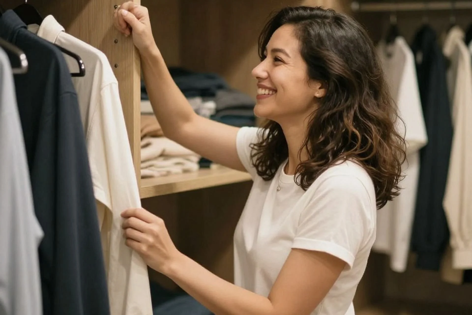 a woman smiling at her wardrobe standing in a custom closet
