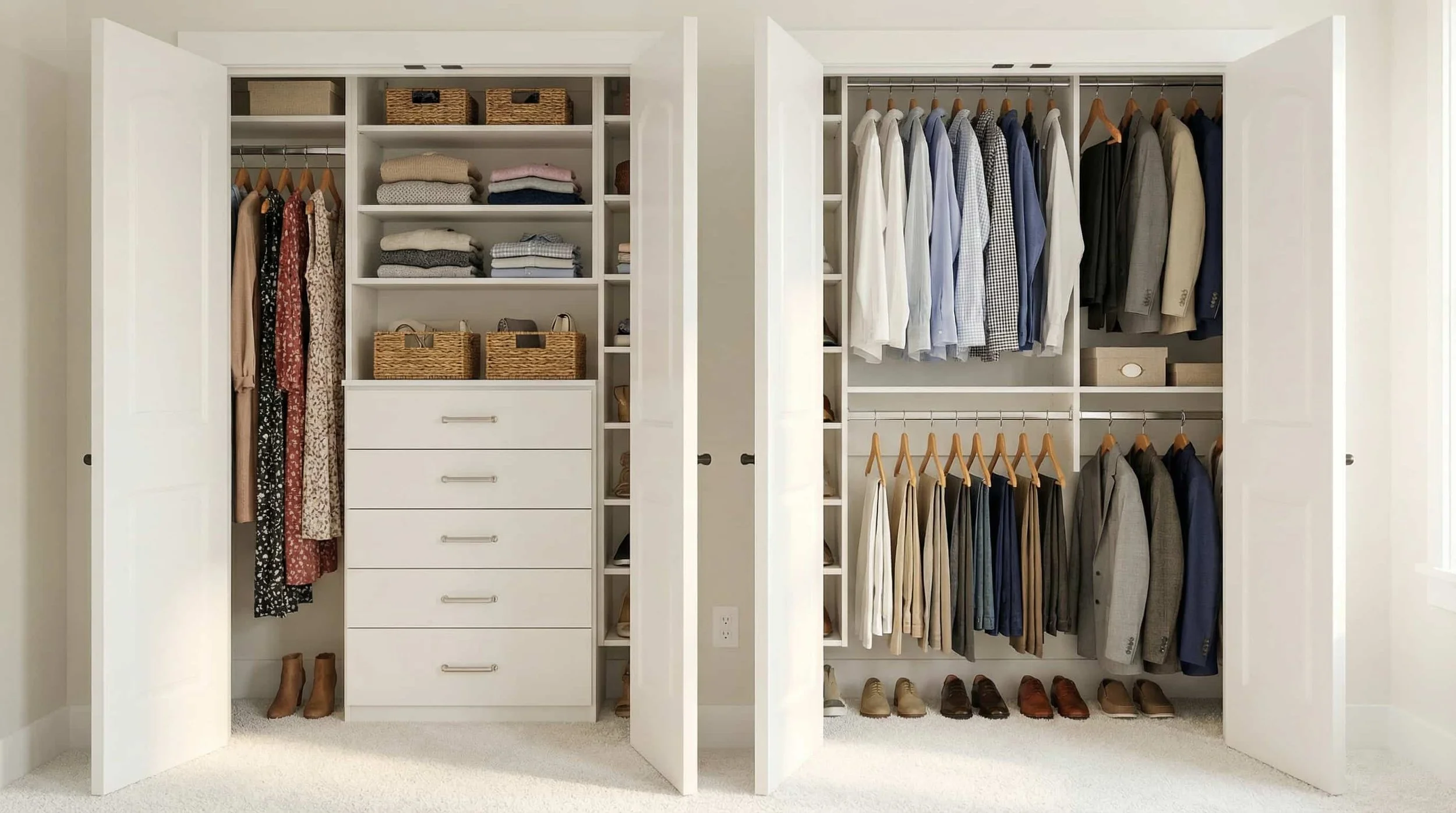 Open closet with custom hanging clothes, shelves with folded clothes and baskets, shoes organized at the bottom, white doors, beige carpet.