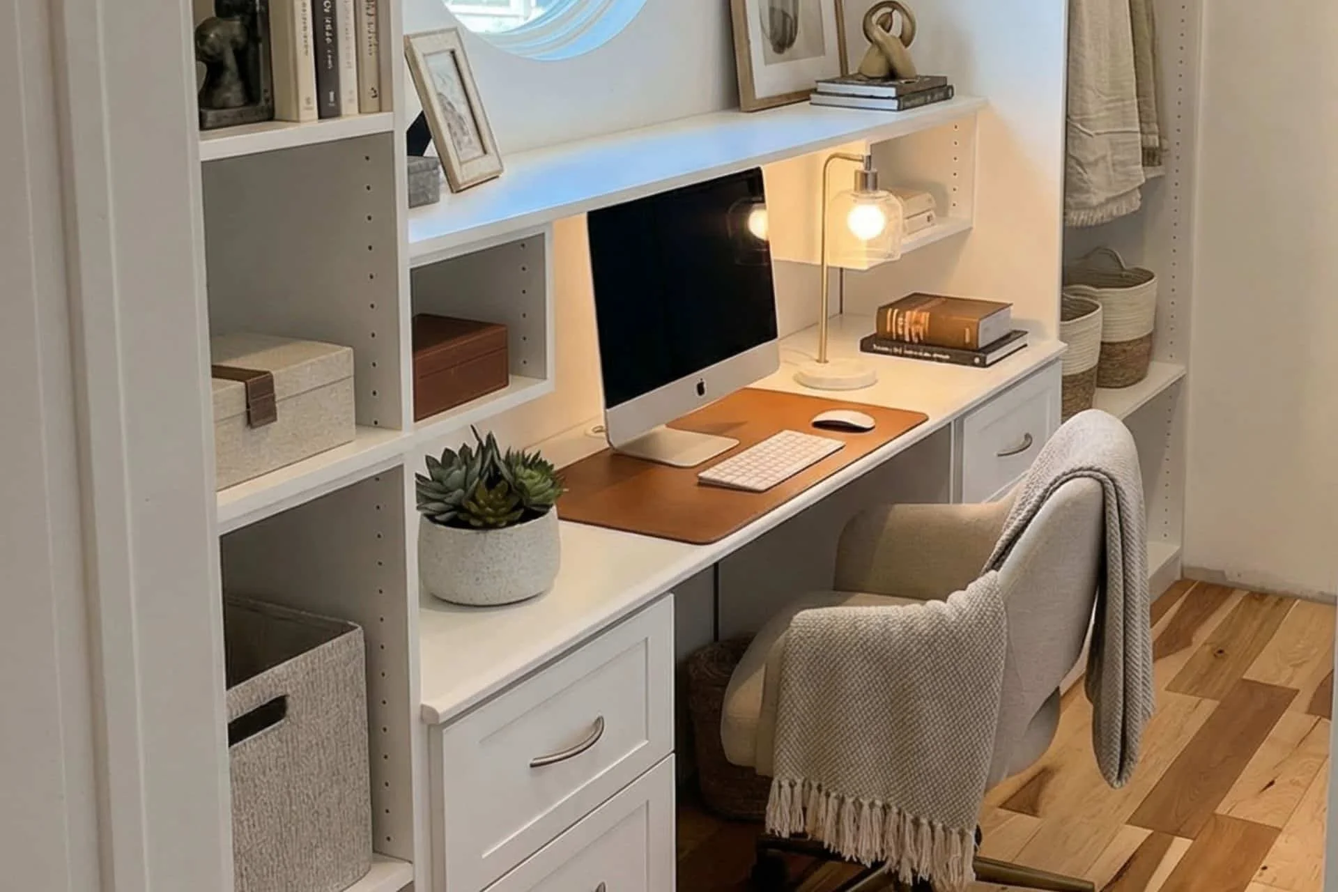 home office space with shelving, pull-out drawers, and a computer and lamp