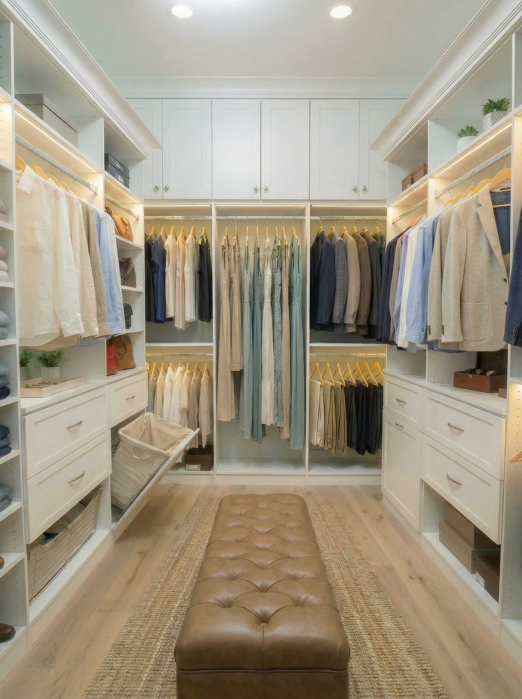 White custom closet with hanging clothes, built-in hamper and drawers