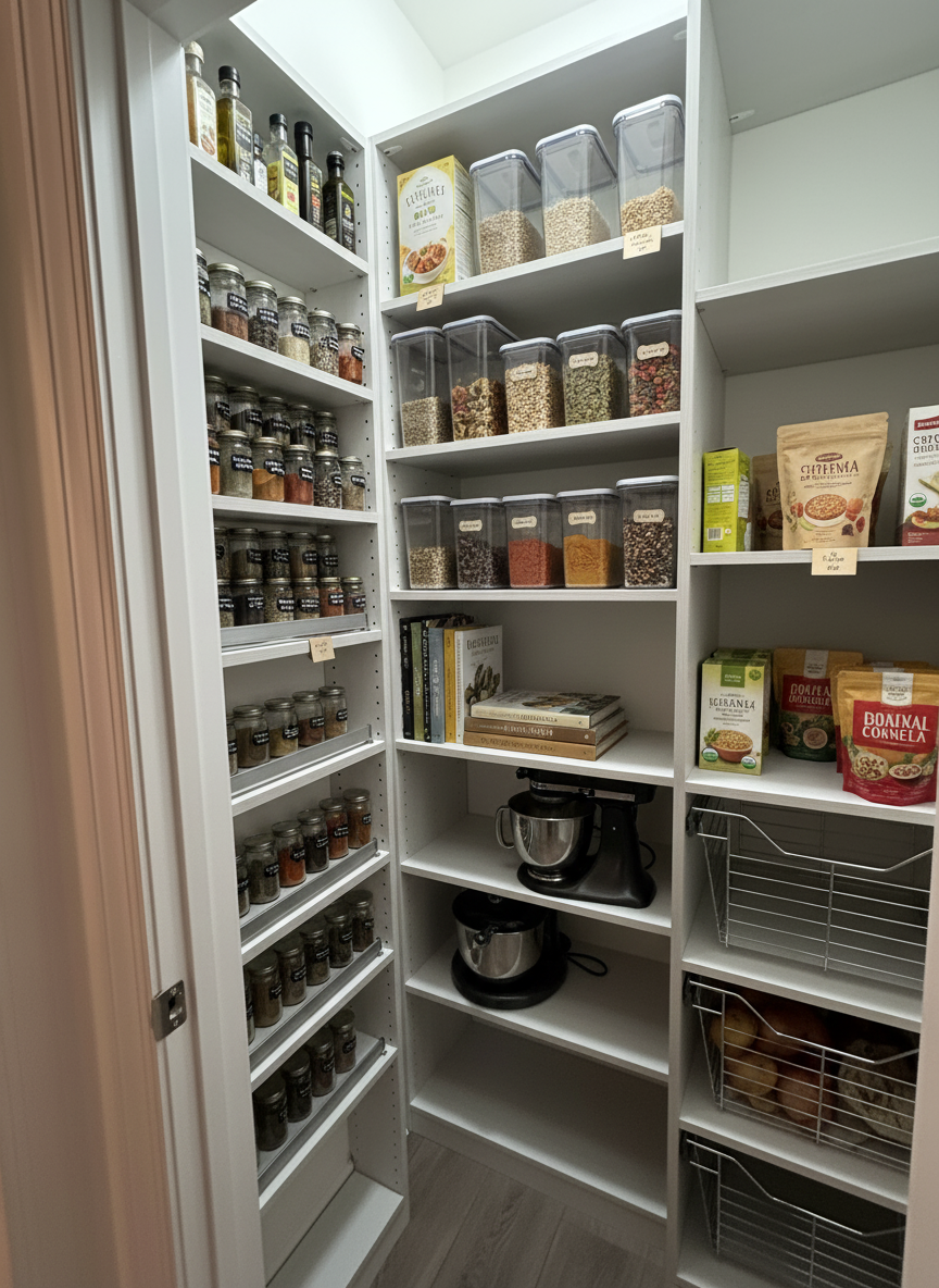 Pantry closet containing spice jars, clear containers with grains and spices, cookbooks, stand mixers, and baskets of potatoes.