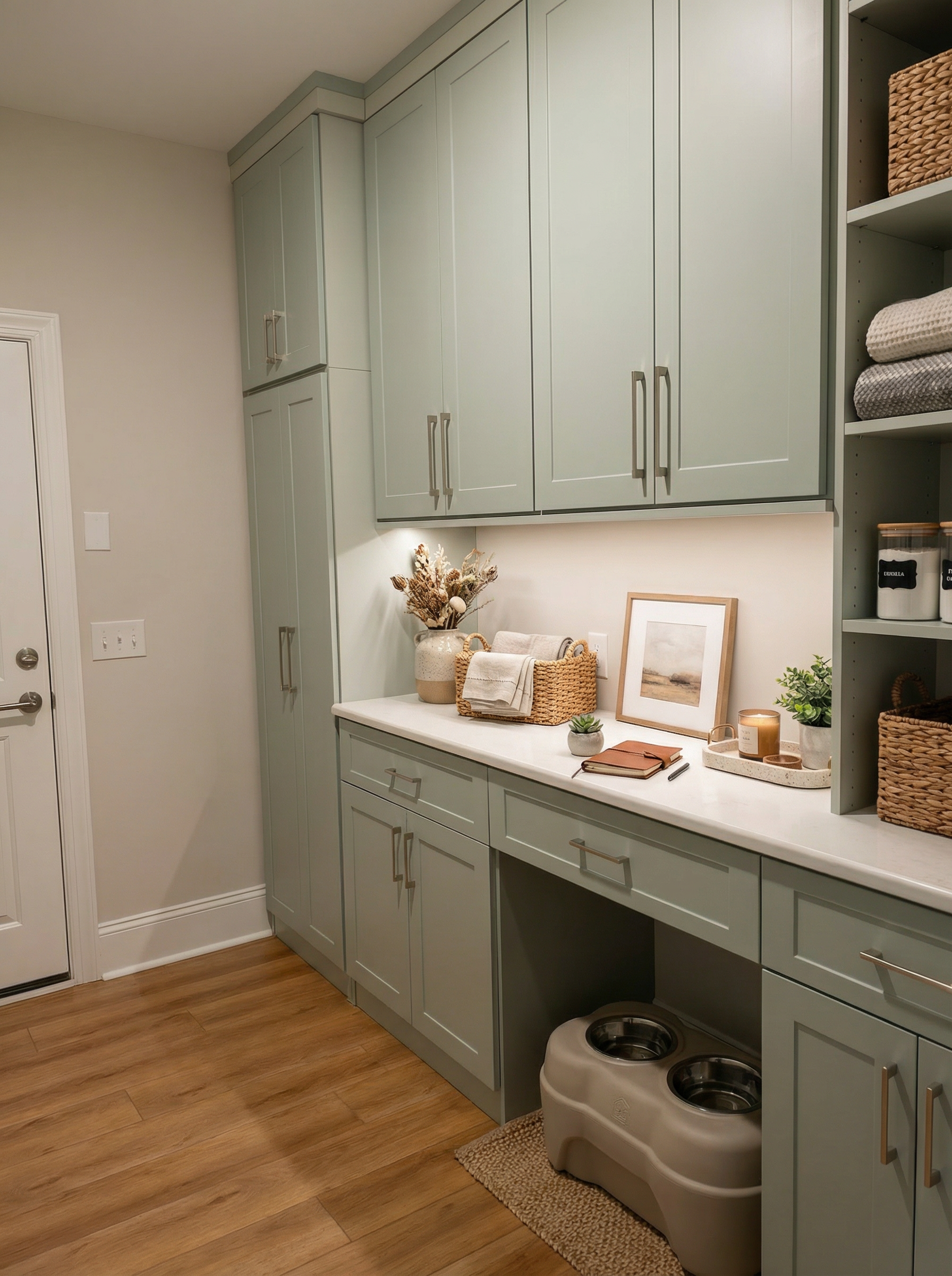 A laundry room with green cabinets, a white countertop, and wooden flooring. Decor items include a vase with dried flowers, framed artwork, a small plant, and candles. There are woven baskets on open shelves, and a dual pet food bowl station on the f