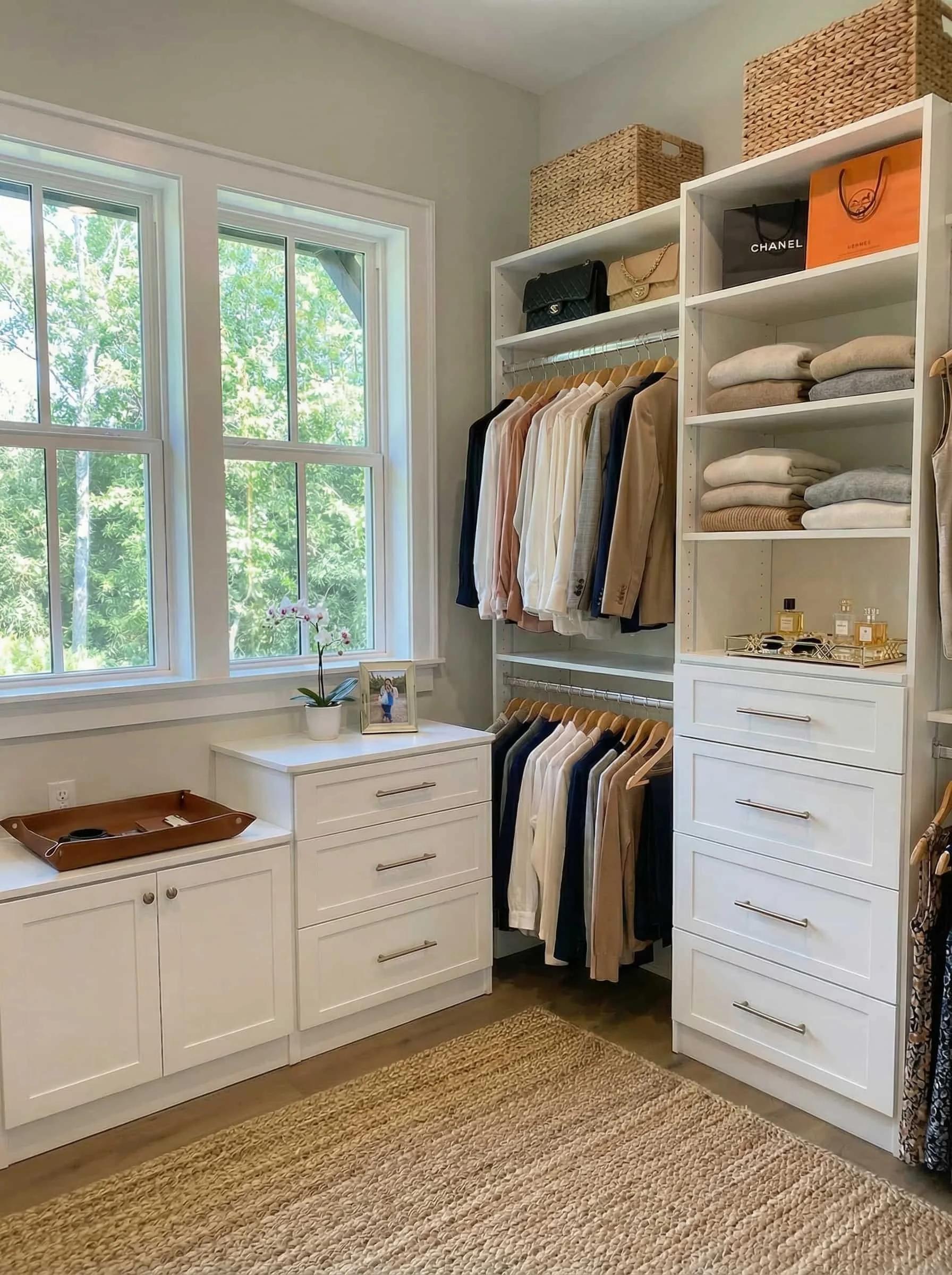 Master closet design with white drawers and hanging clothes