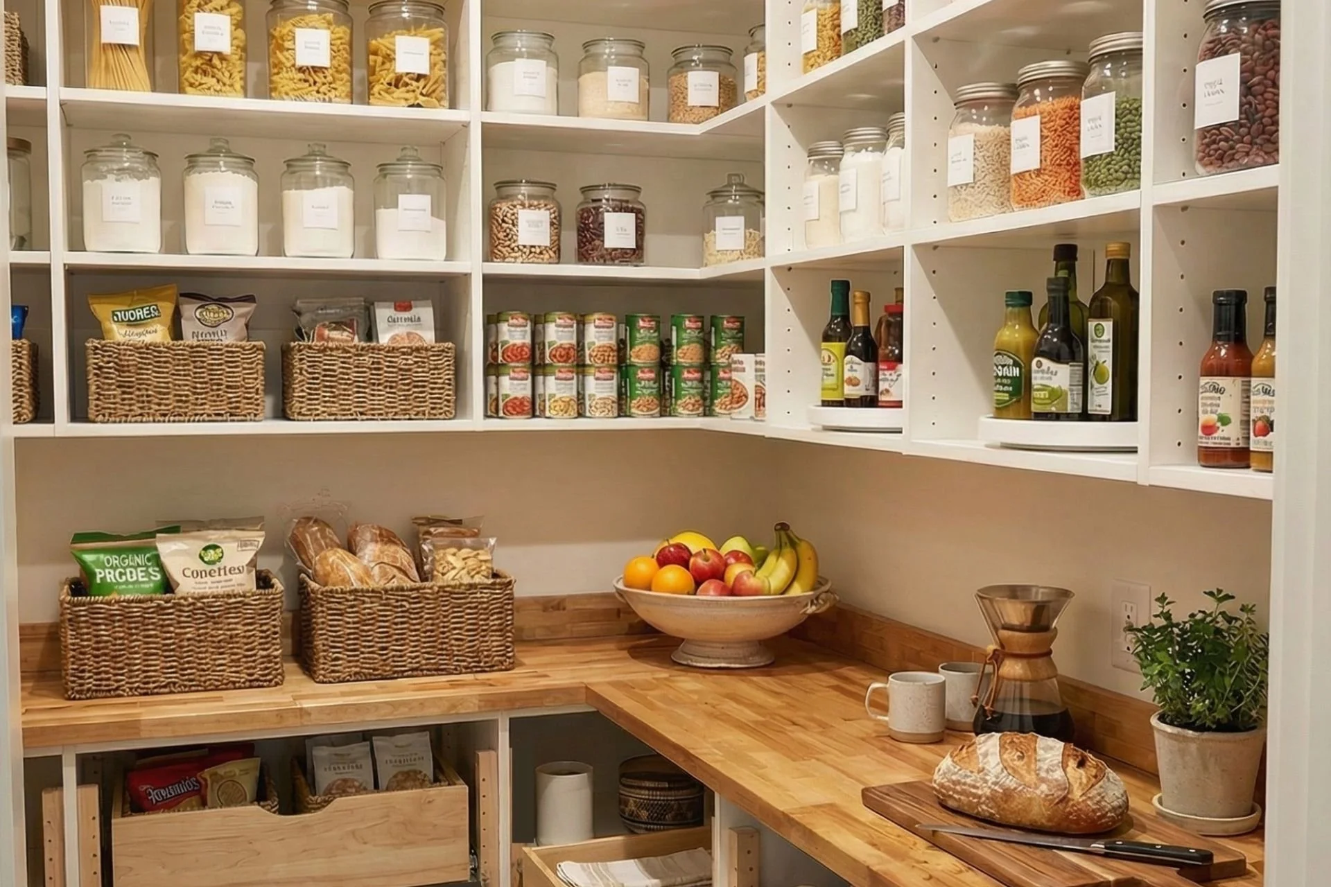 Kitchen pantry stocked with jars and cans on custom shelves with a counter below