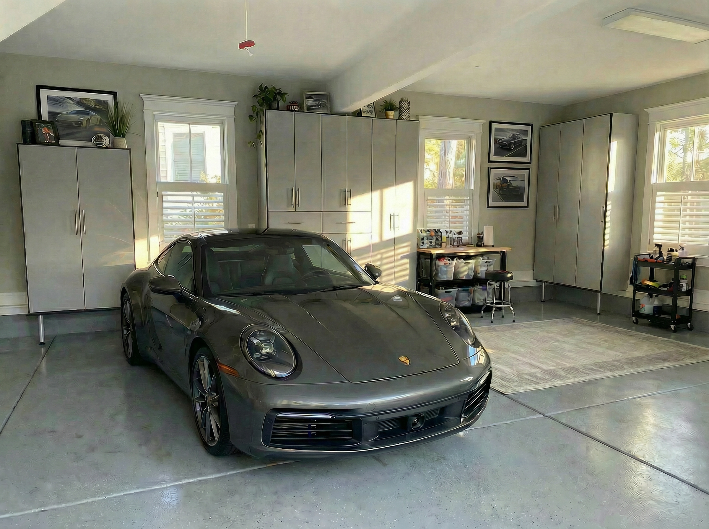 Car parked in garage with custom storage behind it.