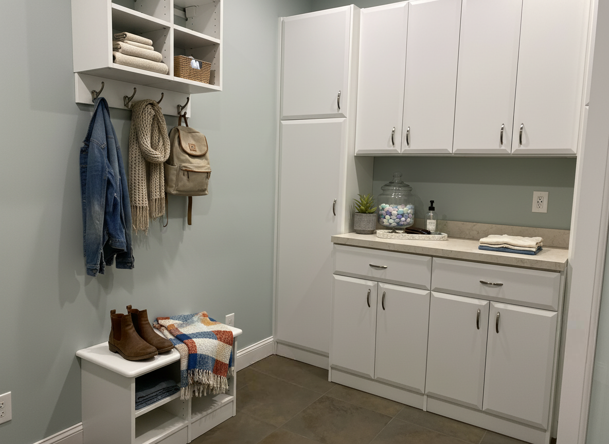 Interior of a laundry room with white cabinets, a countertop, and decor items. There are hooks with a denim jacket, scarf, and backpack. A small white bench with brown boots and a folded blanket. Shelves with towels and a basket.