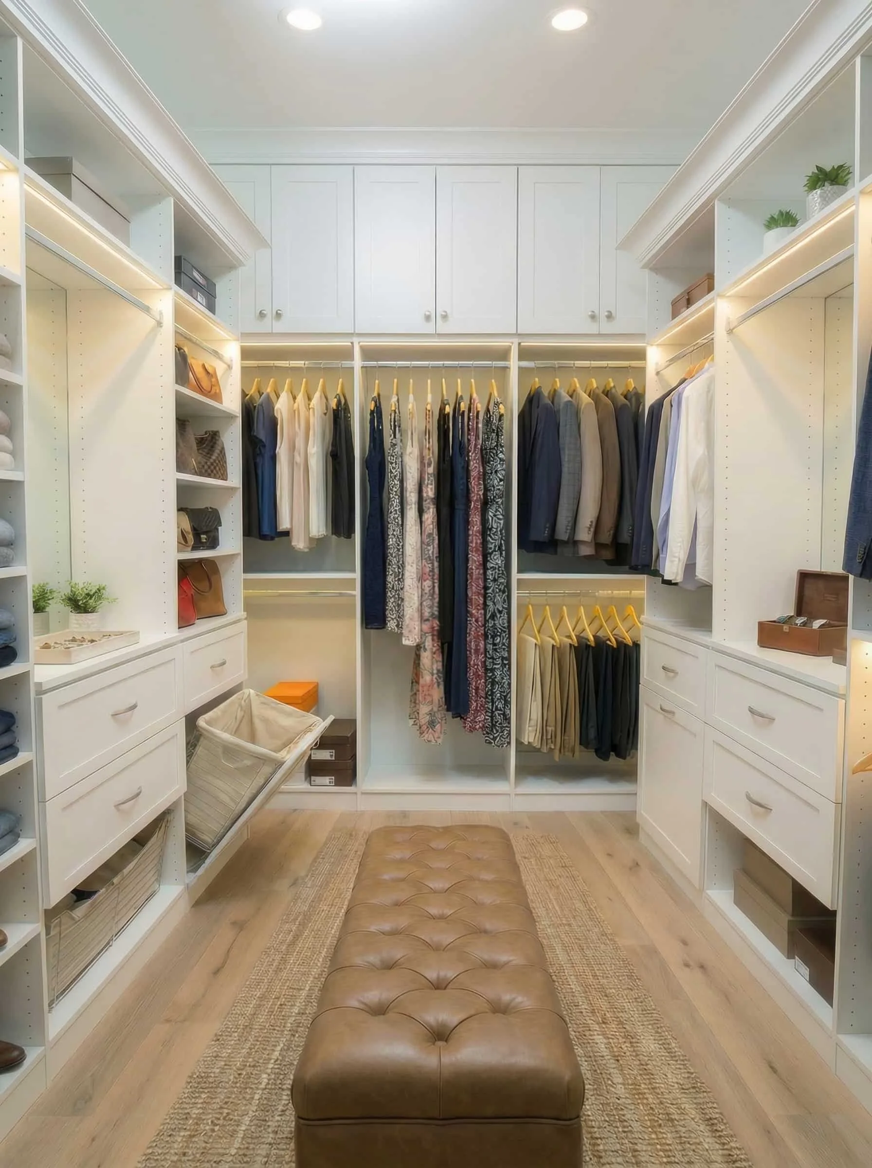 A custom walk-in closet with white built-in shelves and hanging rods filled with clothes, shoes, and accessories. There is a tan tufted bench in the center of the wooden floor. The closet is well-lit with ceiling lights.