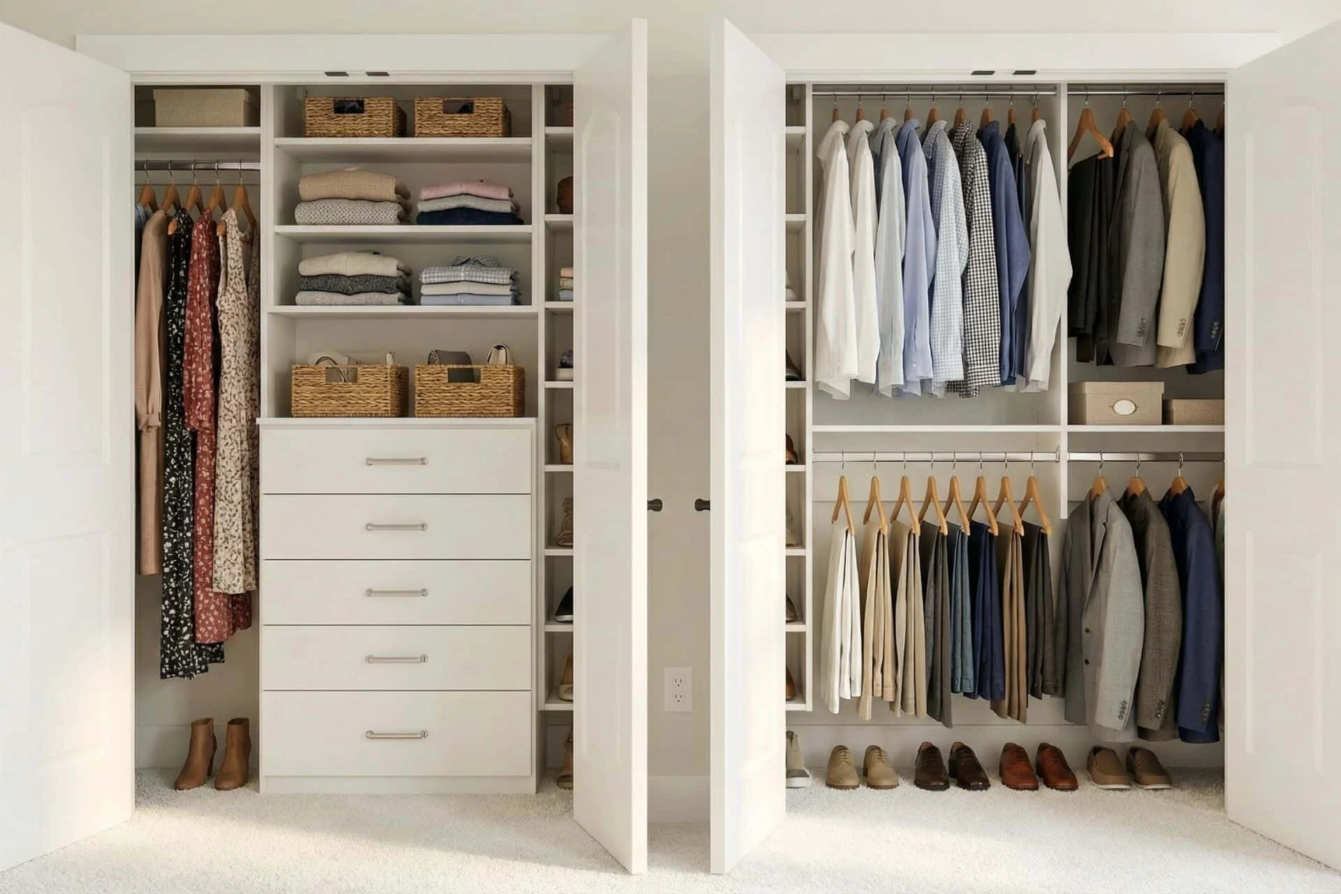 a side by side reach in closet with hanging clothes, custom shelving and drawers