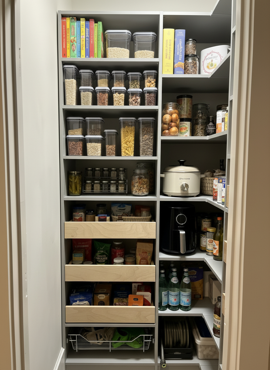 A kitchen pantry closet with shelves holding various food items, canned goods, glass jars, cookbooks, and appliances like a toaster, air fryer, and water bottles.