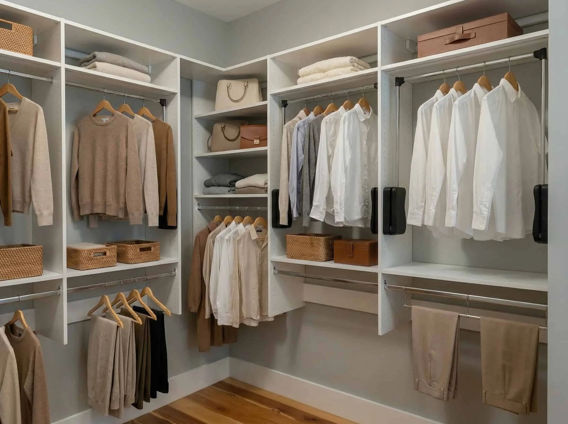 A well-organized walk-in closet with shelves and hanging rods filled with men's clothing including sweaters, shirts, and pants, along with baskets and storage boxes.