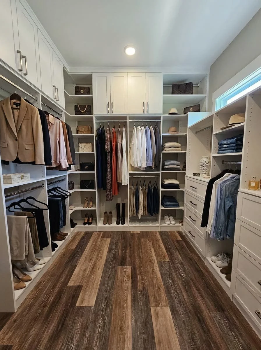 A custom walk-in closet with white shelves and cabinets filled with clothes, shoes, hats, and accessories, and wood flooring.