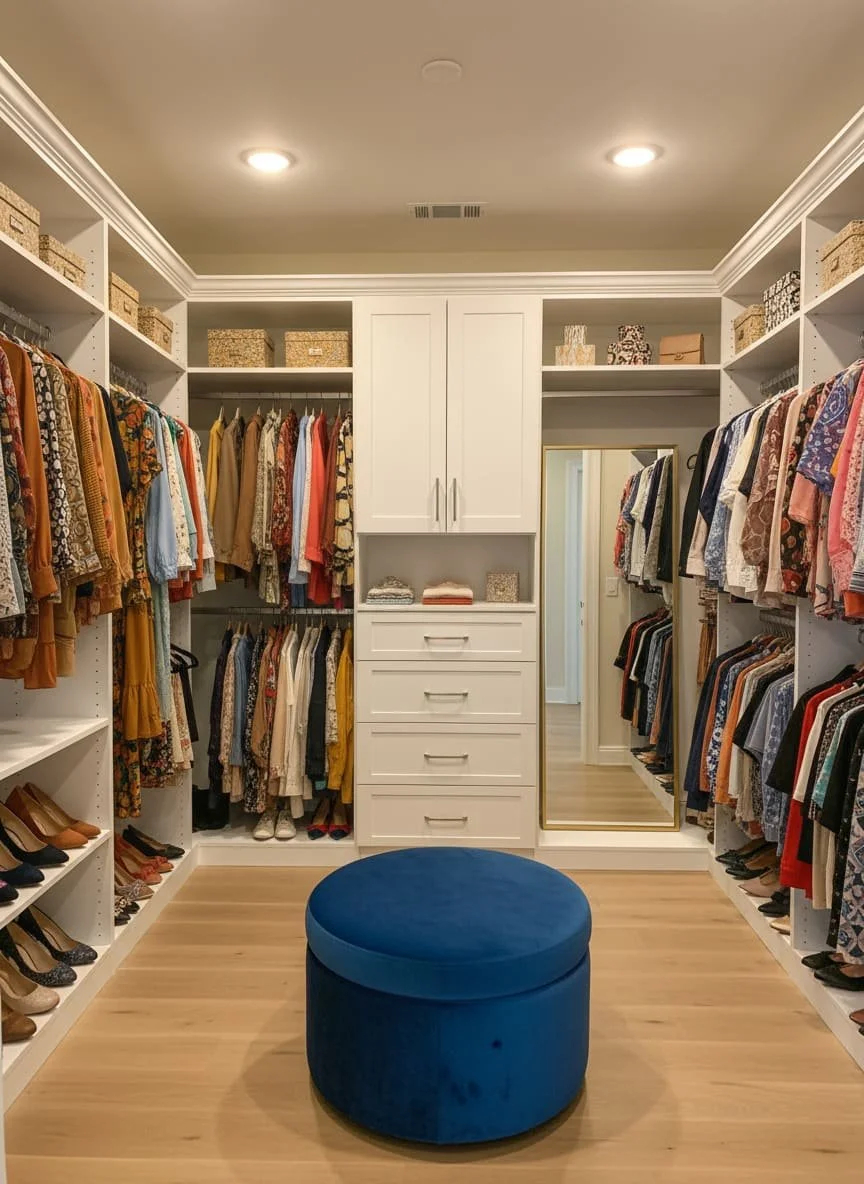 Custom walk-in closet with clothing racks, shelves, and a large mirror, with a blue round ottoman in the center.