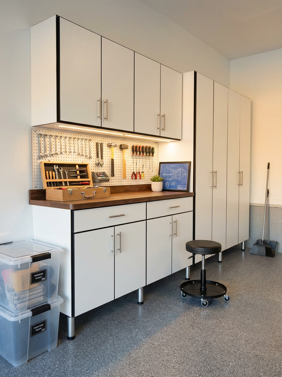 Custom garage storage with work bench and cabinets with tools mounted on the wall